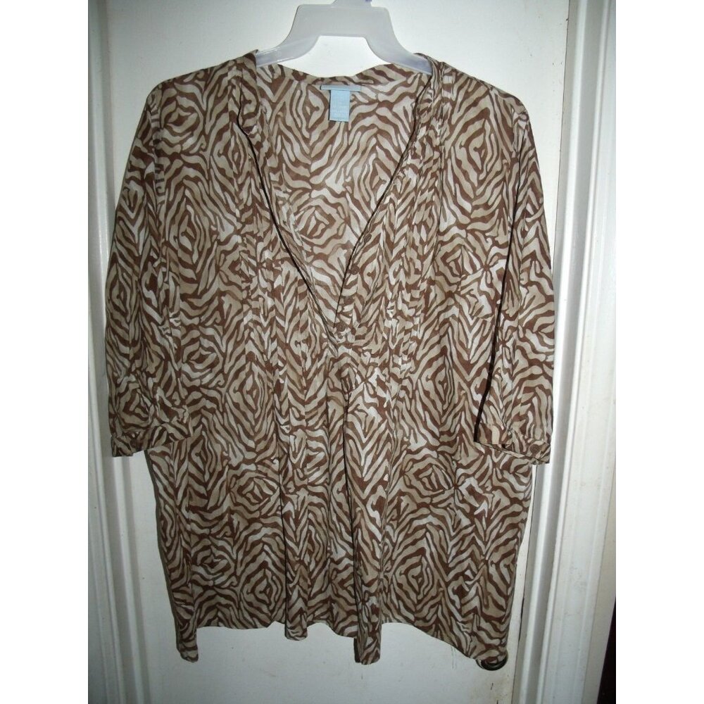 Liz & Me Brown Geometric Zebra Print 3/4 Sleeve Half Button Top Blouse 1X 18/20W
